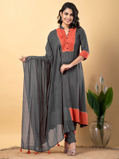 Grey Gota Patti Work Premium Rayon Kurta Pant Set with Cotton Dupatta–3 Piece Salwar Kameez Suit Set-750110