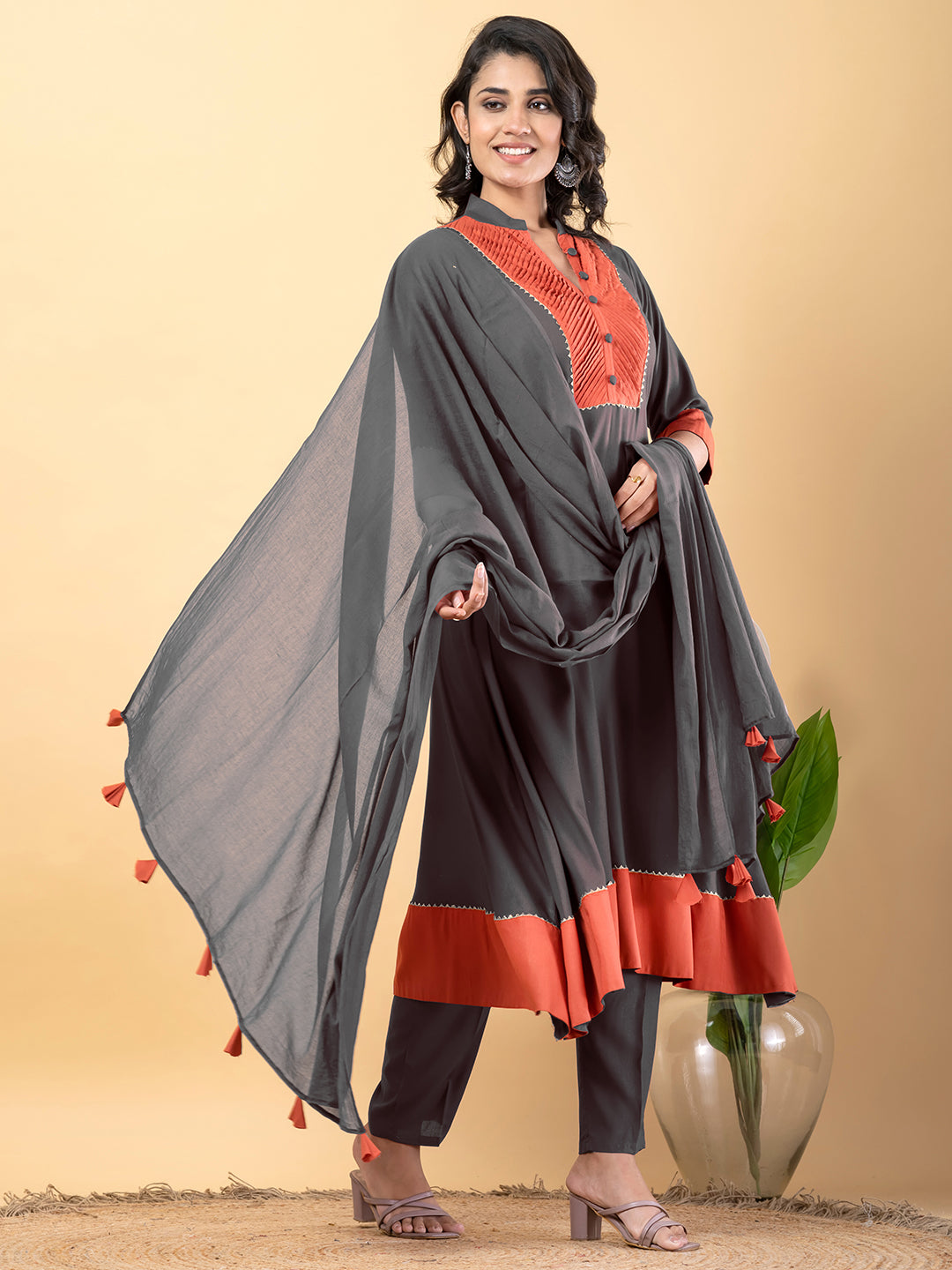 Grey Gota Patti Work Premium Rayon Kurta Pant Set with Cotton Dupatta–3 Piece Salwar Kameez Suit Set-750110