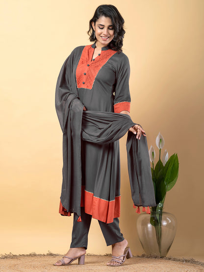 Grey Gota Patti Work Premium Rayon Kurta Pant Set with Cotton Dupatta–3 Piece Salwar Kameez Suit Set-750110