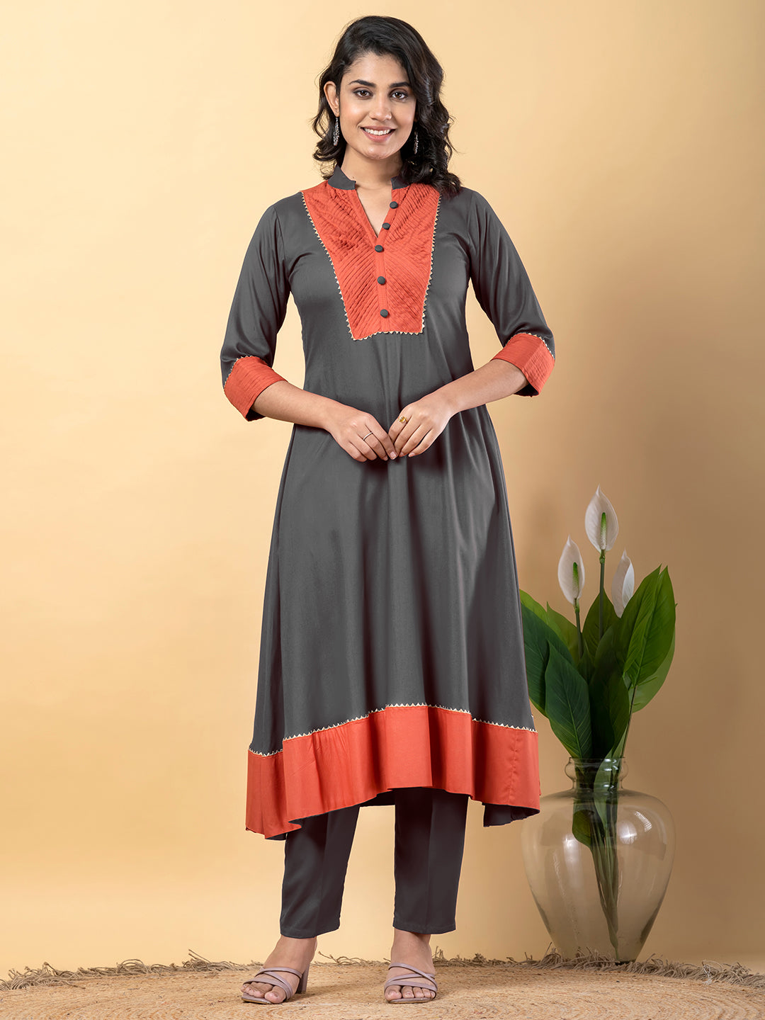 Grey Gota Patti Work Premium Rayon Kurta Pant Set with Cotton Dupatta–3 Piece Salwar Kameez Suit Set-750110
