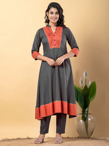 Grey Gota Patti Work Premium Rayon Kurta Pant Set with Cotton Dupatta–3 Piece Salwar Kameez Suit Set-750110
