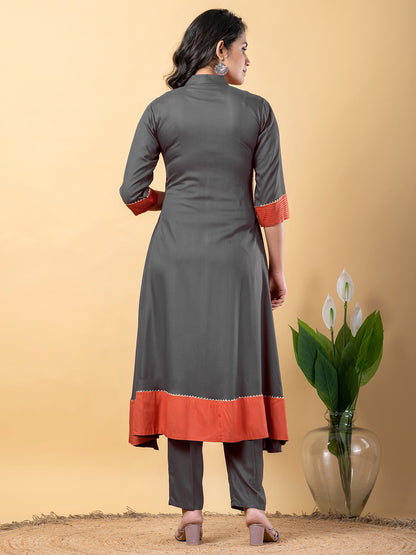 Grey Gota Patti Work Premium Rayon Kurta Pant Set with Cotton Dupatta–3 Piece Salwar Kameez Suit Set-750110