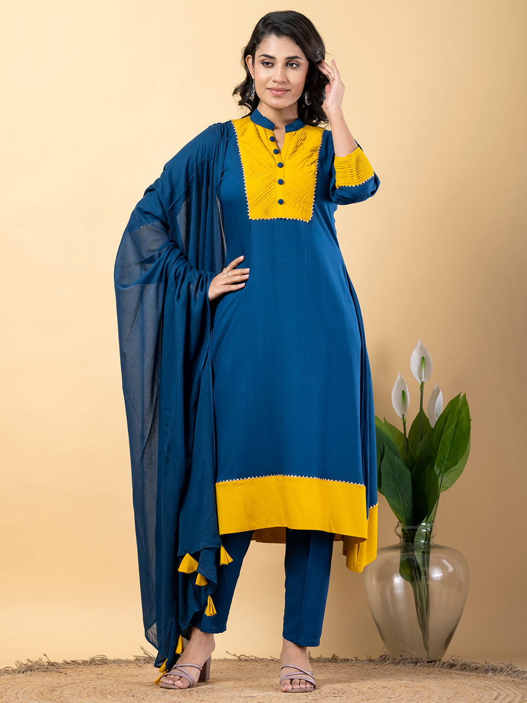 Blue yellow Gota Patti Work Premium Rayon Kurta Pant Set with Cotton Dupatta–3 Piece Salwar Kameez Suit Set-750111