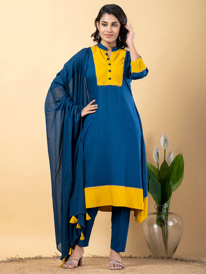 Blue yellow Gota Patti Work Premium Rayon Kurta Pant Set with Cotton Dupatta–3 Piece Salwar Kameez Suit Set-750111