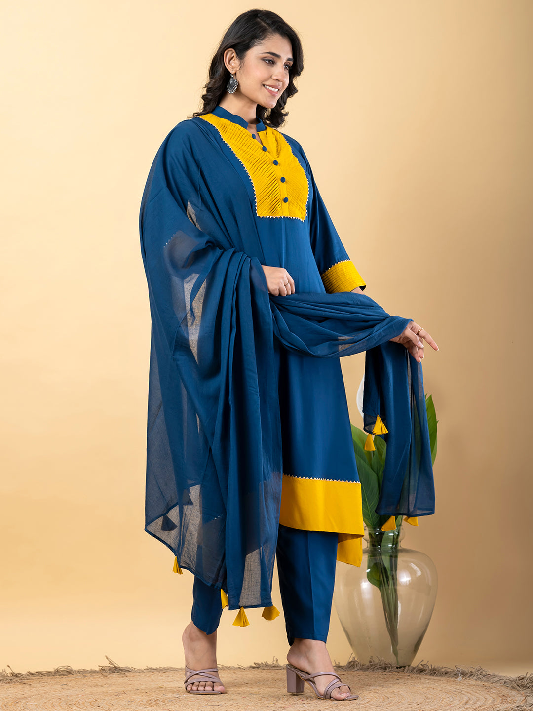Blue yellow Gota Patti Work Premium Rayon Kurta Pant Set with Cotton Dupatta–3 Piece Salwar Kameez Suit Set-750111