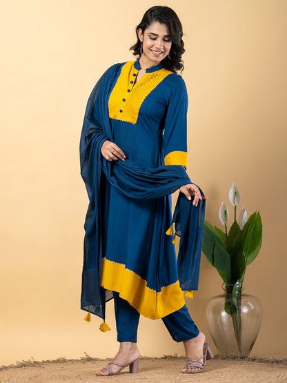 Blue yellow Gota Patti Work Premium Rayon Kurta Pant Set with Cotton Dupatta–3 Piece Salwar Kameez Suit Set-750111