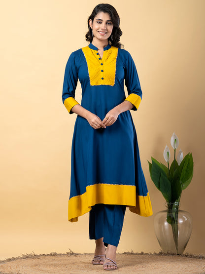 Blue yellow Gota Patti Work Premium Rayon Kurta Pant Set with Cotton Dupatta–3 Piece Salwar Kameez Suit Set-750111