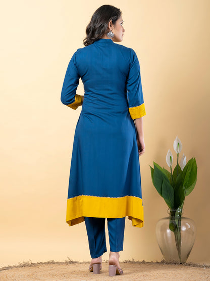 Blue yellow Gota Patti Work Premium Rayon Kurta Pant Set with Cotton Dupatta–3 Piece Salwar Kameez Suit Set-750111