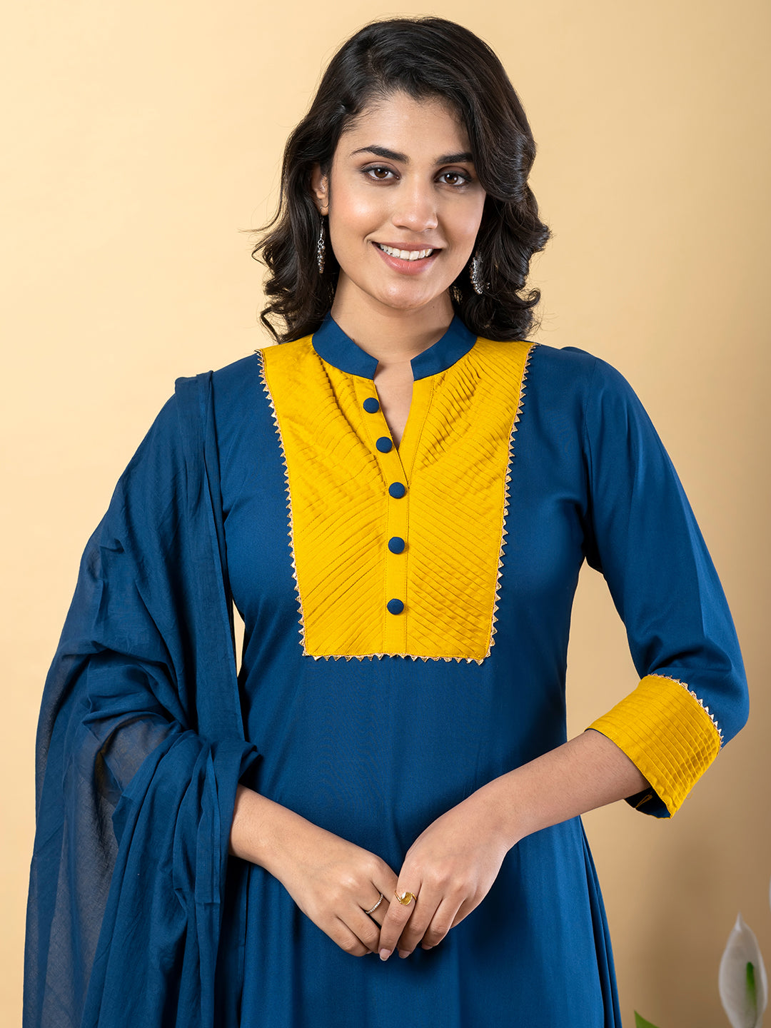Blue yellow Gota Patti Work Premium Rayon Kurta Pant Set with Cotton Dupatta–3 Piece Salwar Kameez Suit Set-750111