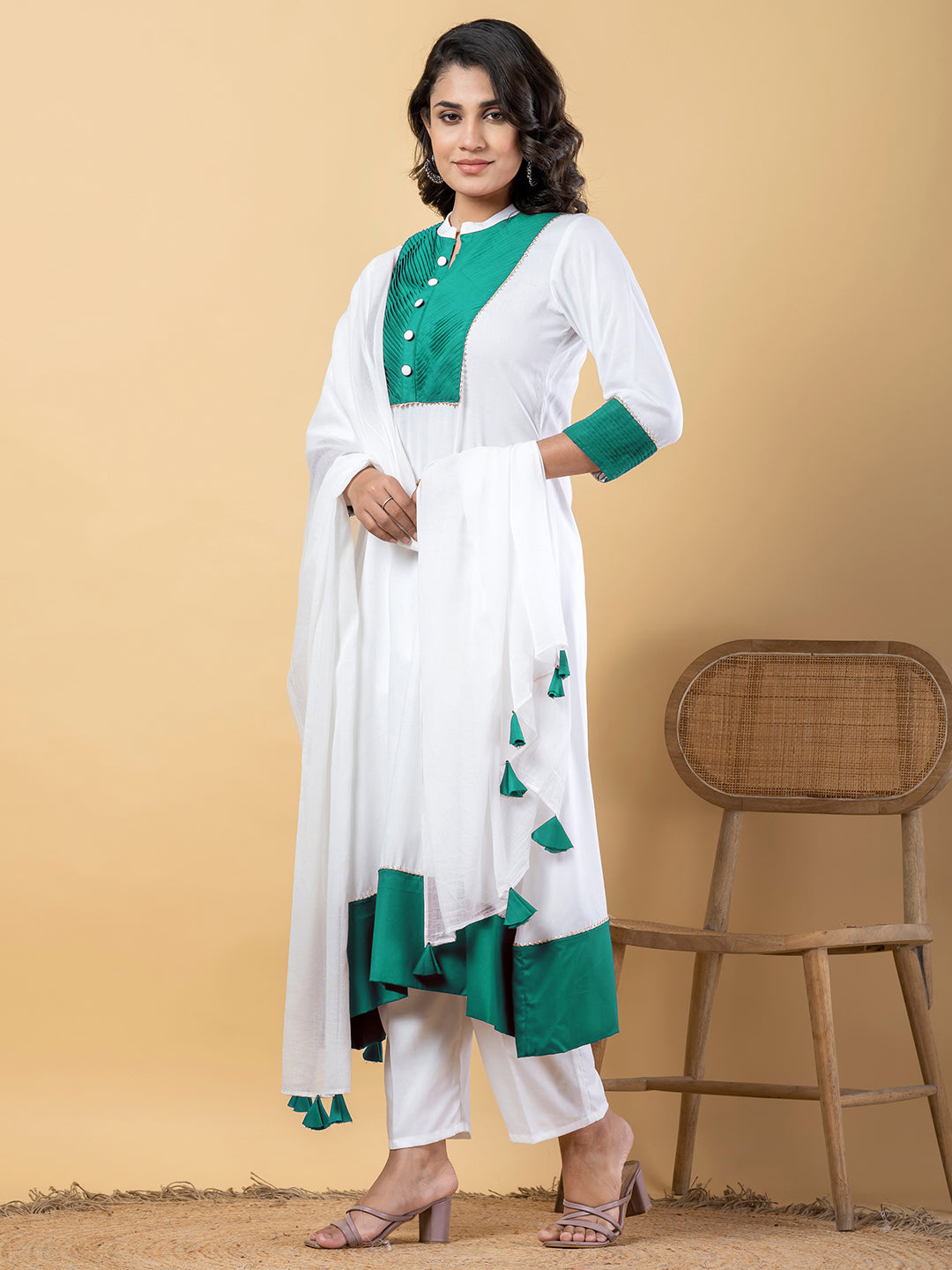 turquoise white Gota Patti Work Premium Rayon Kurta Pant Set with Cotton Dupatta–3 Piece Salwar Kameez Suit Set-750112