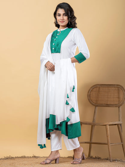 turquoise white Gota Patti Work Premium Rayon Kurta Pant Set with Cotton Dupatta–3 Piece Salwar Kameez Suit Set-750112