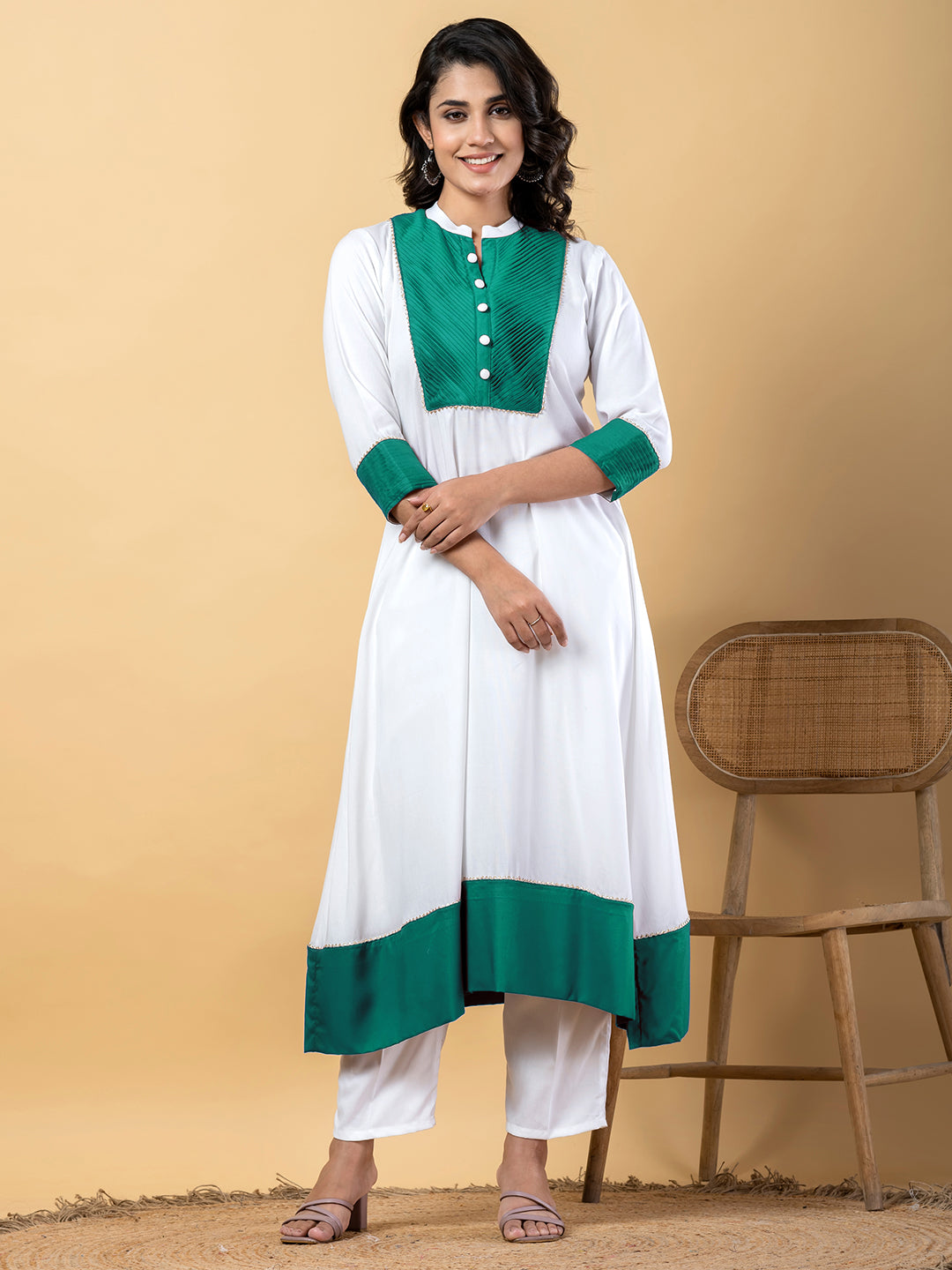 turquoise white Gota Patti Work Premium Rayon Kurta Pant Set with Cotton Dupatta–3 Piece Salwar Kameez Suit Set-750112