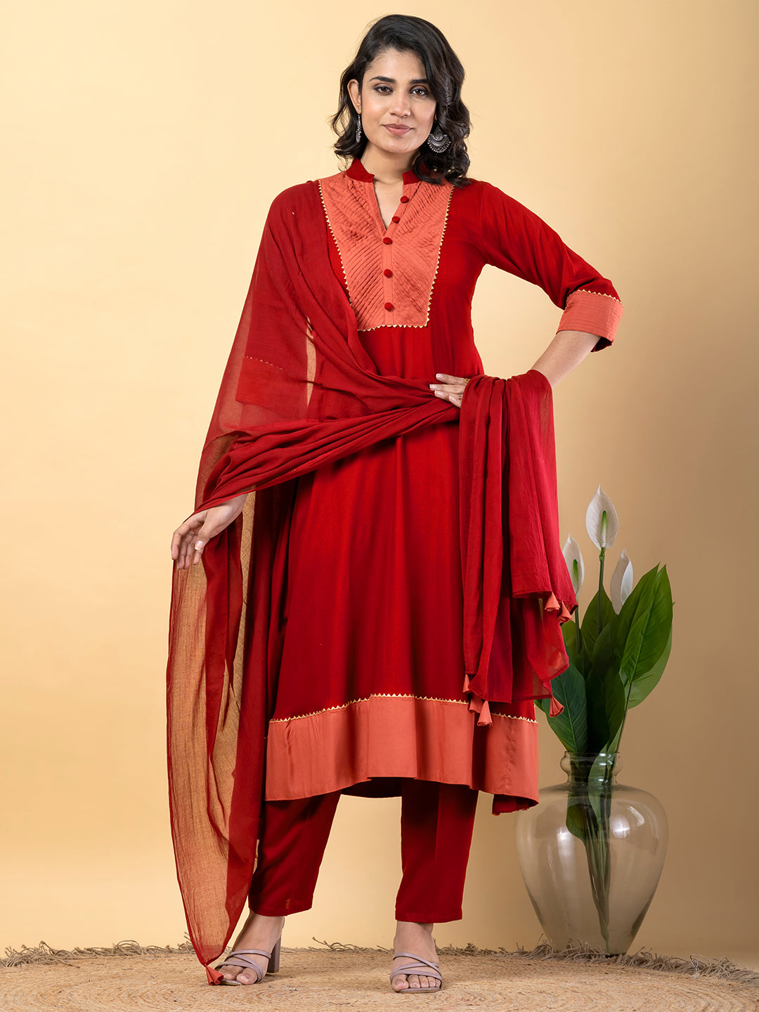 Red Gota Patti Work Premium Rayon Kurta Pant Set with Cotton Dupatta–3 Piece Salwar Kameez Suit Set-750113
