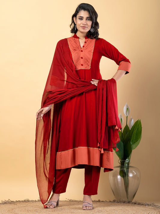 Red Gota Patti Work Premium Rayon Kurta Pant Set with Cotton Dupatta–3 Piece Salwar Kameez Suit Set-750113
