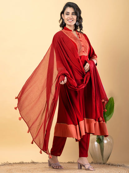 Red Gota Patti Work Premium Rayon Kurta Pant Set with Cotton Dupatta–3 Piece Salwar Kameez Suit Set-750113