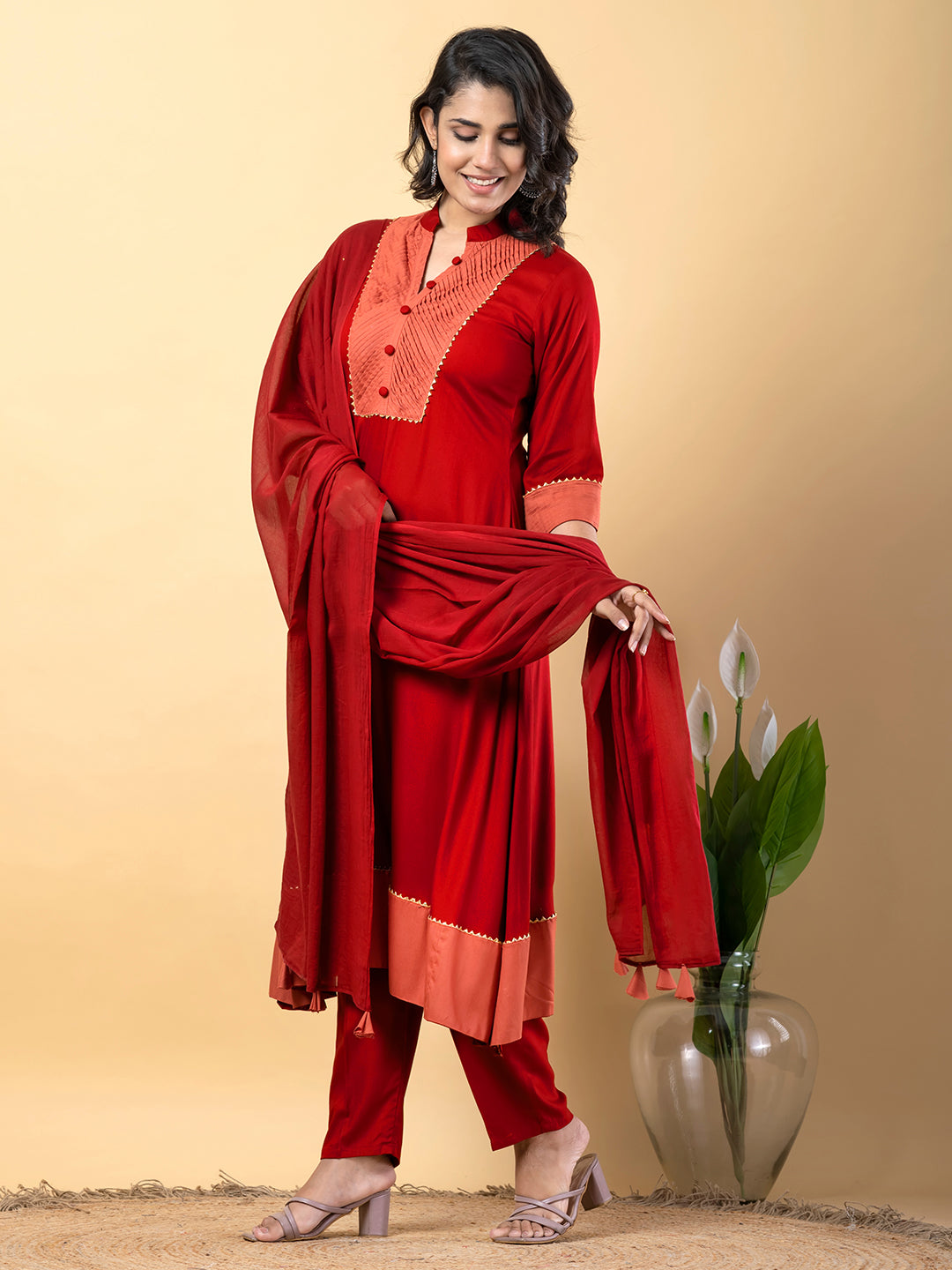 Red Gota Patti Work Premium Rayon Kurta Pant Set with Cotton Dupatta–3 Piece Salwar Kameez Suit Set-750113
