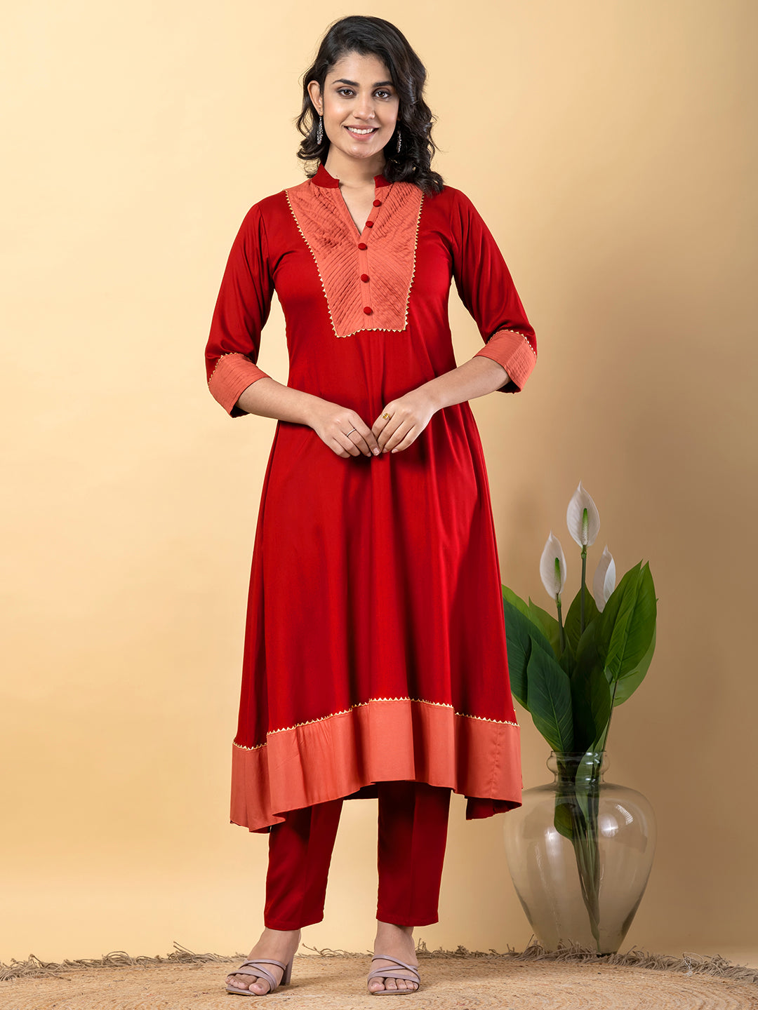 Red Gota Patti Work Premium Rayon Kurta Pant Set with Cotton Dupatta–3 Piece Salwar Kameez Suit Set-750113