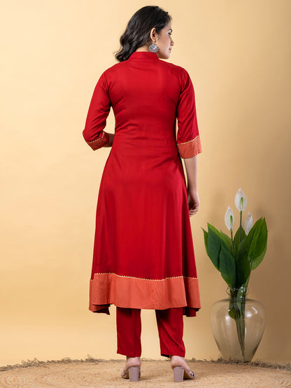 Red Gota Patti Work Premium Rayon Kurta Pant Set with Cotton Dupatta–3 Piece Salwar Kameez Suit Set-750113