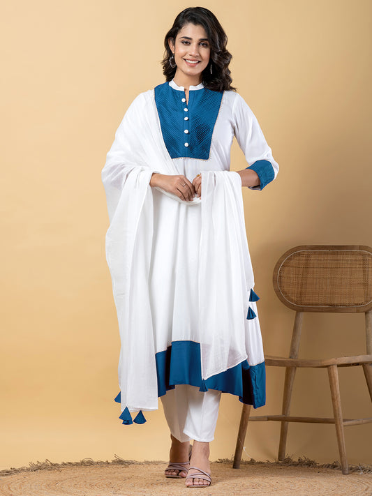 Blue white Gota Patti Work Premium Rayon Kurta Pant Set with Cotton Dupatta–3 Piece Salwar Kameez Suit Set-750114