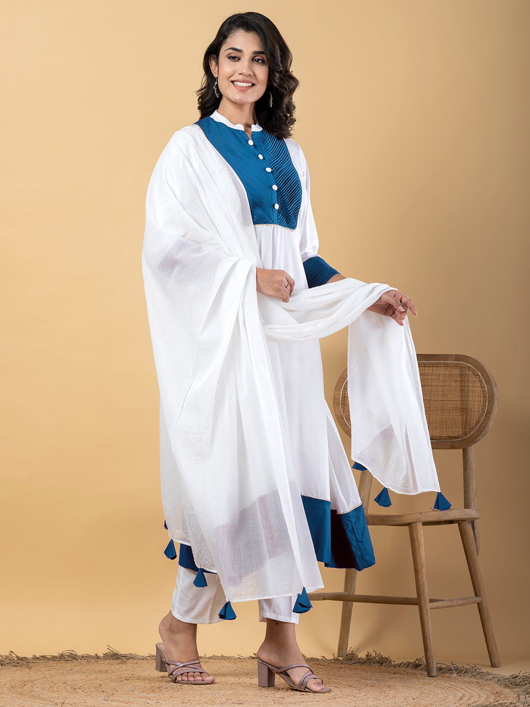 Blue white Gota Patti Work Premium Rayon Kurta Pant Set with Cotton Dupatta–3 Piece Salwar Kameez Suit Set-750114