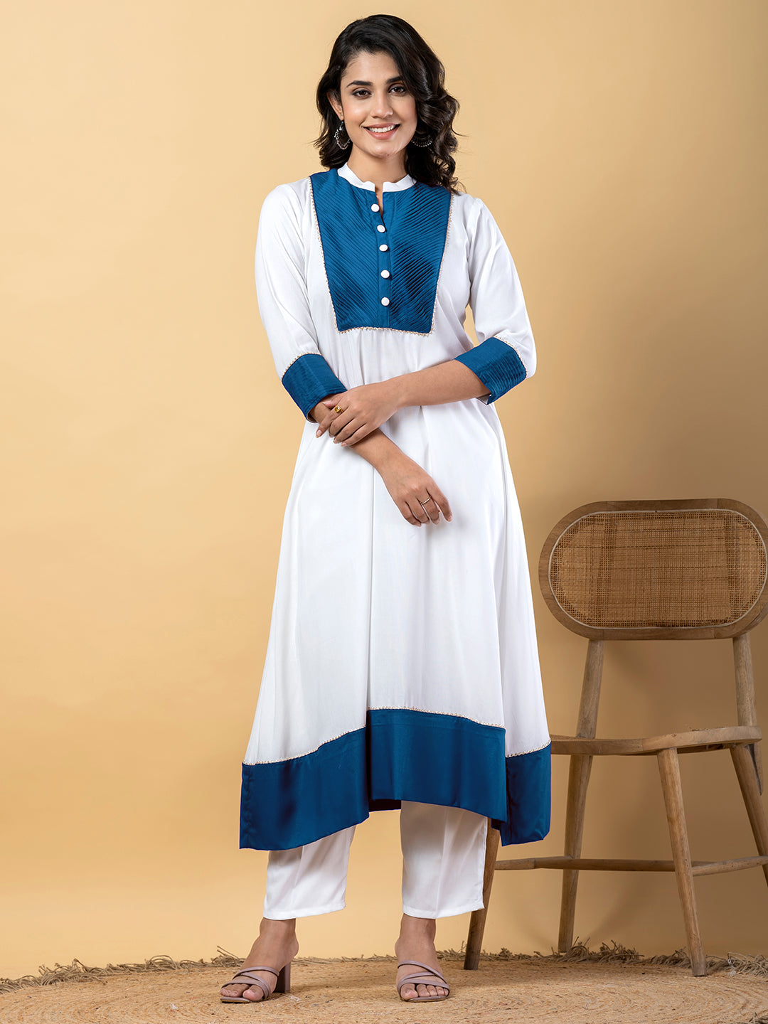 Blue white Gota Patti Work Premium Rayon Kurta Pant Set with Cotton Dupatta–3 Piece Salwar Kameez Suit Set-750114