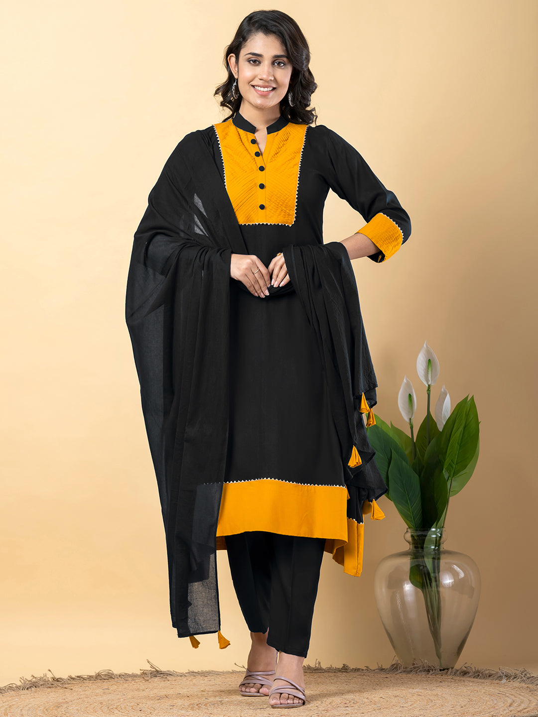 Black yellow Gota Patti Work Premium Rayon Kurta Pant Set with Cotton Dupatta–3 Piece Salwar Kameez Suit Set-750115