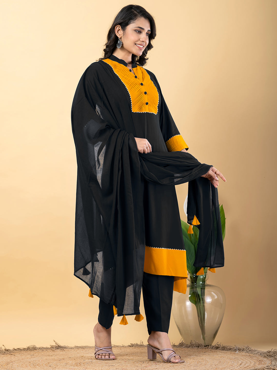 Black yellow Gota Patti Work Premium Rayon Kurta Pant Set with Cotton Dupatta–3 Piece Salwar Kameez Suit Set-750115
