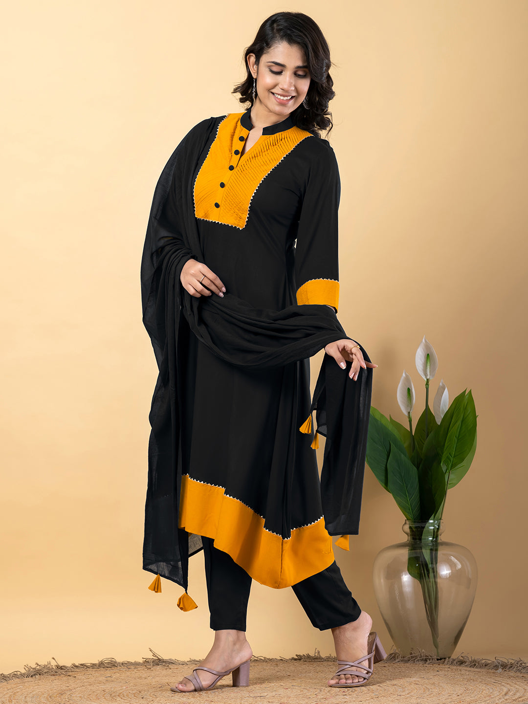 Black yellow Gota Patti Work Premium Rayon Kurta Pant Set with Cotton Dupatta–3 Piece Salwar Kameez Suit Set-750115