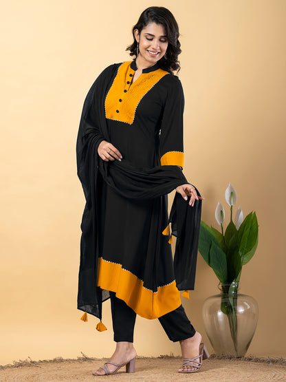 Black yellow Gota Patti Work Premium Rayon Kurta Pant Set with Cotton Dupatta–3 Piece Salwar Kameez Suit Set-750115