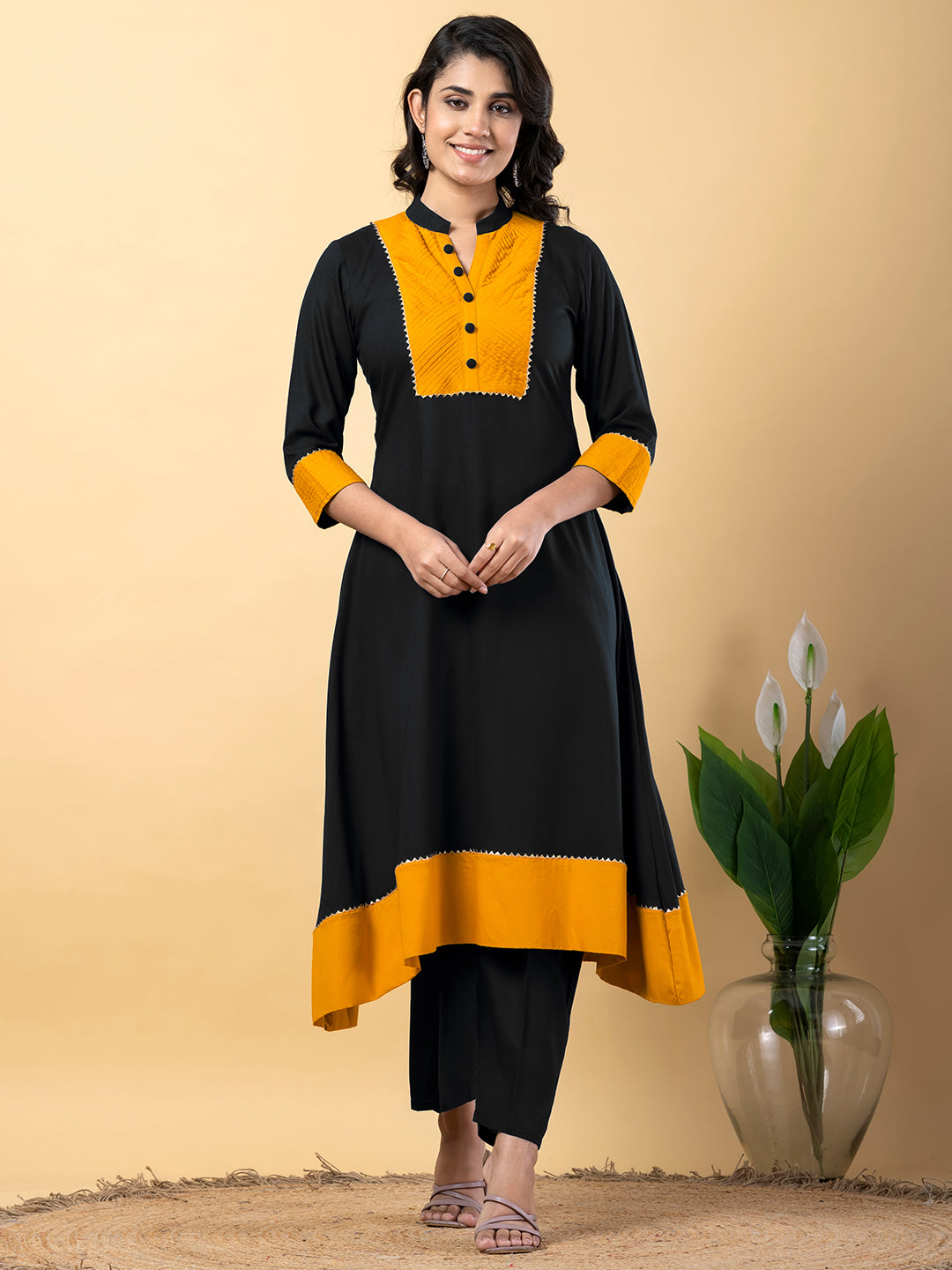 Black yellow Gota Patti Work Premium Rayon Kurta Pant Set with Cotton Dupatta–3 Piece Salwar Kameez Suit Set-750115