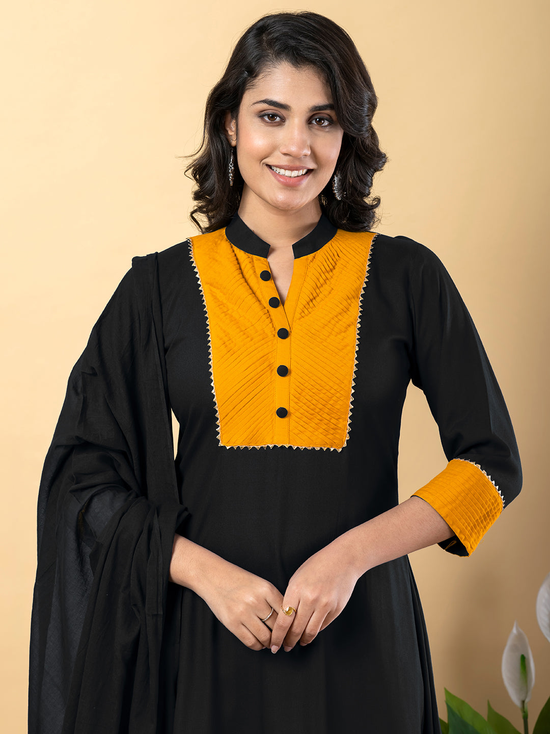 Black yellow Gota Patti Work Premium Rayon Kurta Pant Set with Cotton Dupatta–3 Piece Salwar Kameez Suit Set-750115