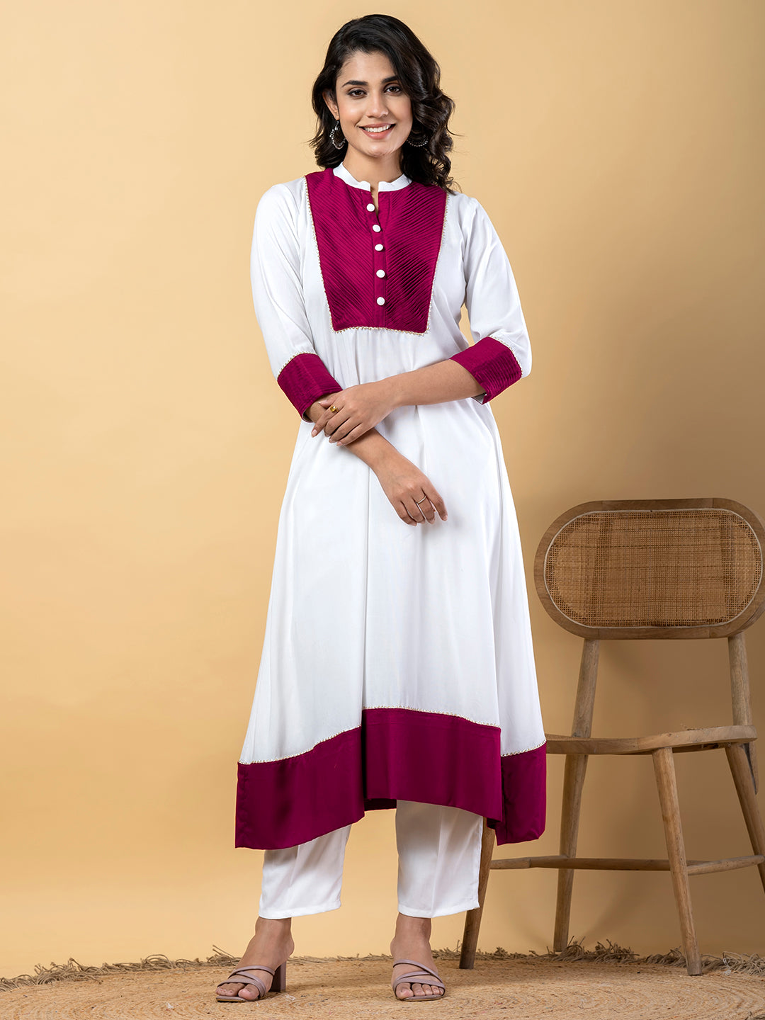 White Purple Gota Patti Work Premium Rayon Kurta Pant Set with Cotton Dupatta–3 Piece Salwar Kameez Suit Set-750116