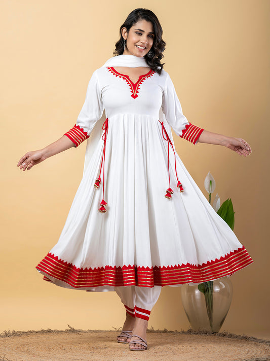 Red White Anarkali Premium Rayon Kurta Pant Set with Cotton Dupatta–3 Piece Ready to Wear Salwar Kameez Suit Set-750117