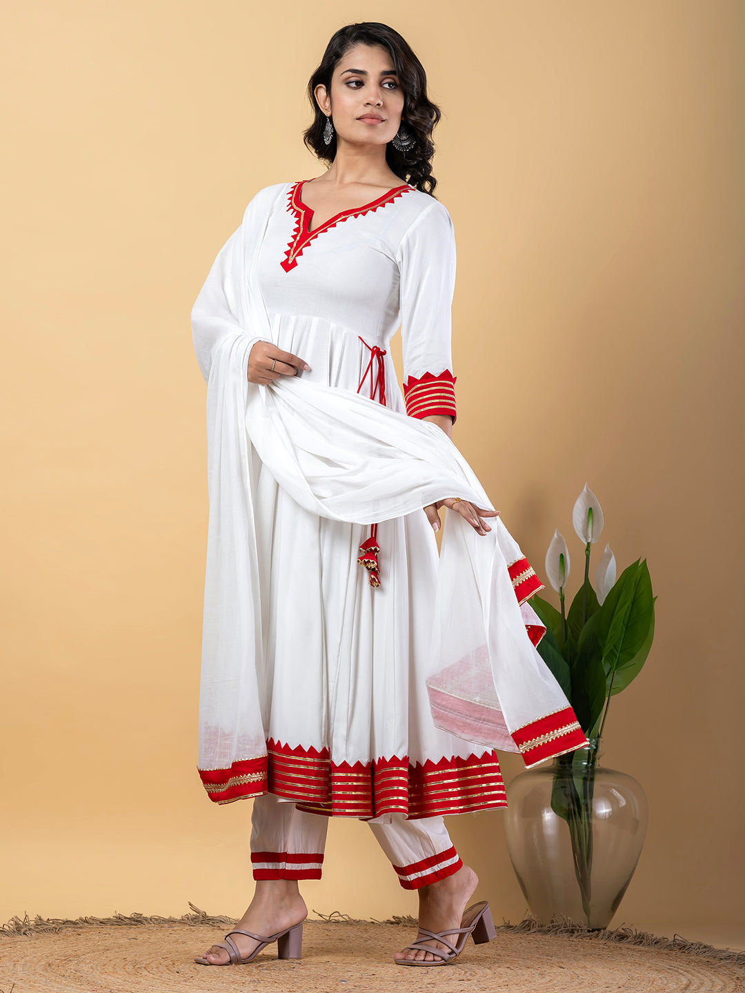 Red White Anarkali Premium Rayon Kurta Pant Set with Cotton Dupatta–3 Piece Ready to Wear Salwar Kameez Suit Set-750117