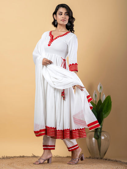 Red White Anarkali Premium Rayon Kurta Pant Set with Cotton Dupatta–3 Piece Ready to Wear Salwar Kameez Suit Set-750117