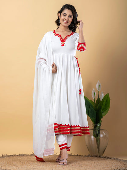Red White Anarkali Premium Rayon Kurta Pant Set with Cotton Dupatta–3 Piece Ready to Wear Salwar Kameez Suit Set-750117