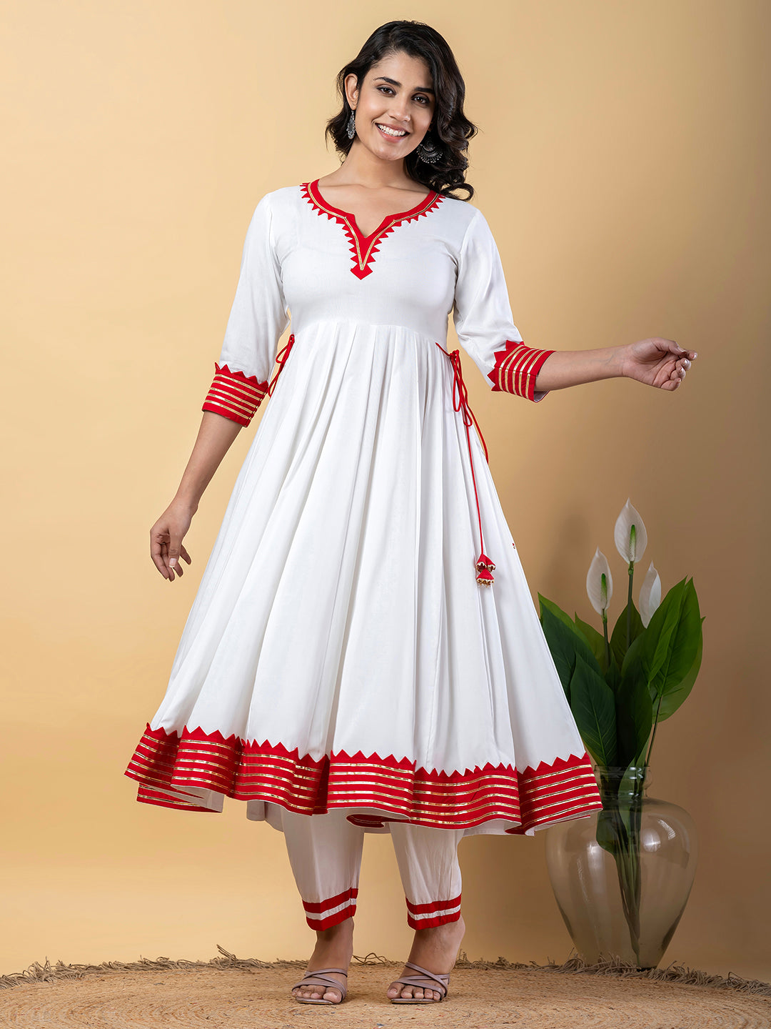 Red White Anarkali Premium Rayon Kurta Pant Set with Cotton Dupatta–3 Piece Ready to Wear Salwar Kameez Suit Set-750117