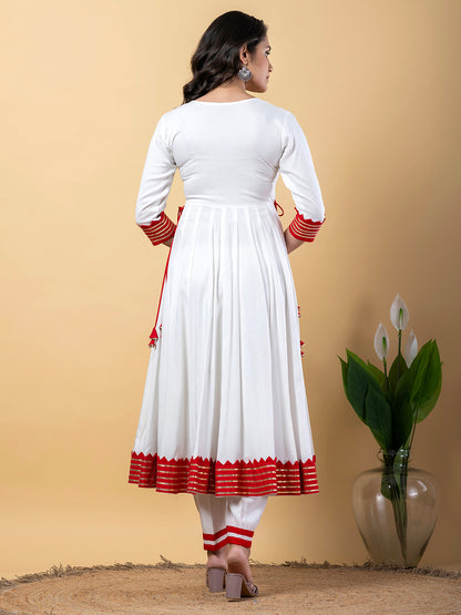 Red White Anarkali Premium Rayon Kurta Pant Set with Cotton Dupatta–3 Piece Ready to Wear Salwar Kameez Suit Set-750117