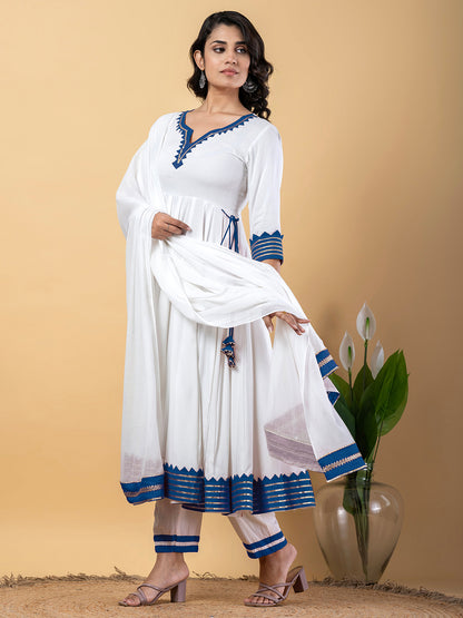 Blue White Anarkali Premium Rayon Kurta Pant Set with Cotton Dupatta–3 Piece Ready to Wear Salwar Kameez Suit Set-750118