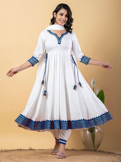 Blue White Anarkali Premium Rayon Kurta Pant Set with Cotton Dupatta–3 Piece Ready to Wear Salwar Kameez Suit Set-750118