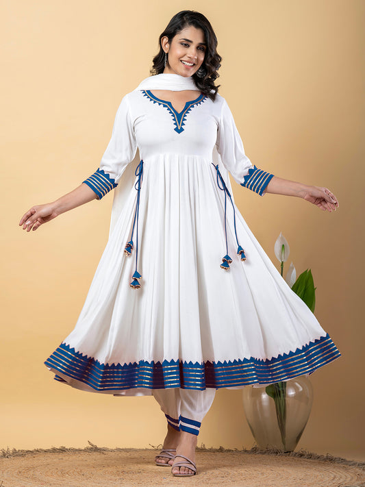 Blue White Anarkali Premium Rayon Kurta Pant Set with Cotton Dupatta–3 Piece Ready to Wear Salwar Kameez Suit Set-750118