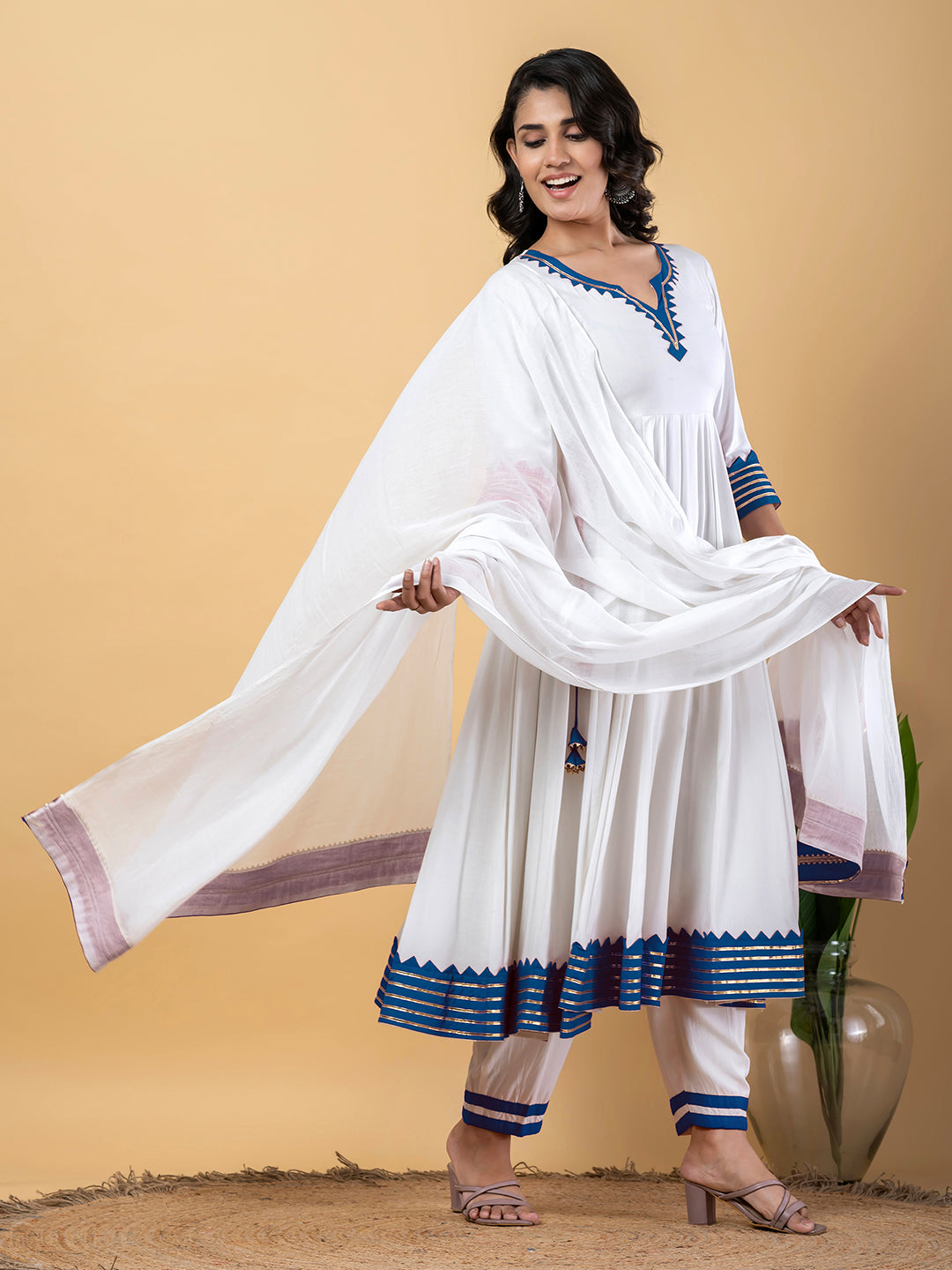 Blue White Anarkali Premium Rayon Kurta Pant Set with Cotton Dupatta–3 Piece Ready to Wear Salwar Kameez Suit Set-750118