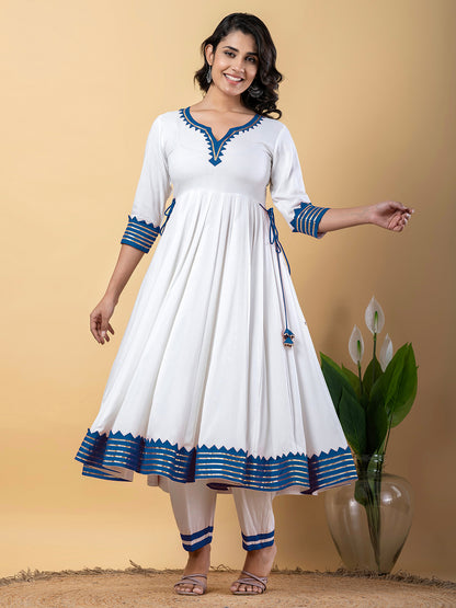 Blue White Anarkali Premium Rayon Kurta Pant Set with Cotton Dupatta–3 Piece Ready to Wear Salwar Kameez Suit Set-750118
