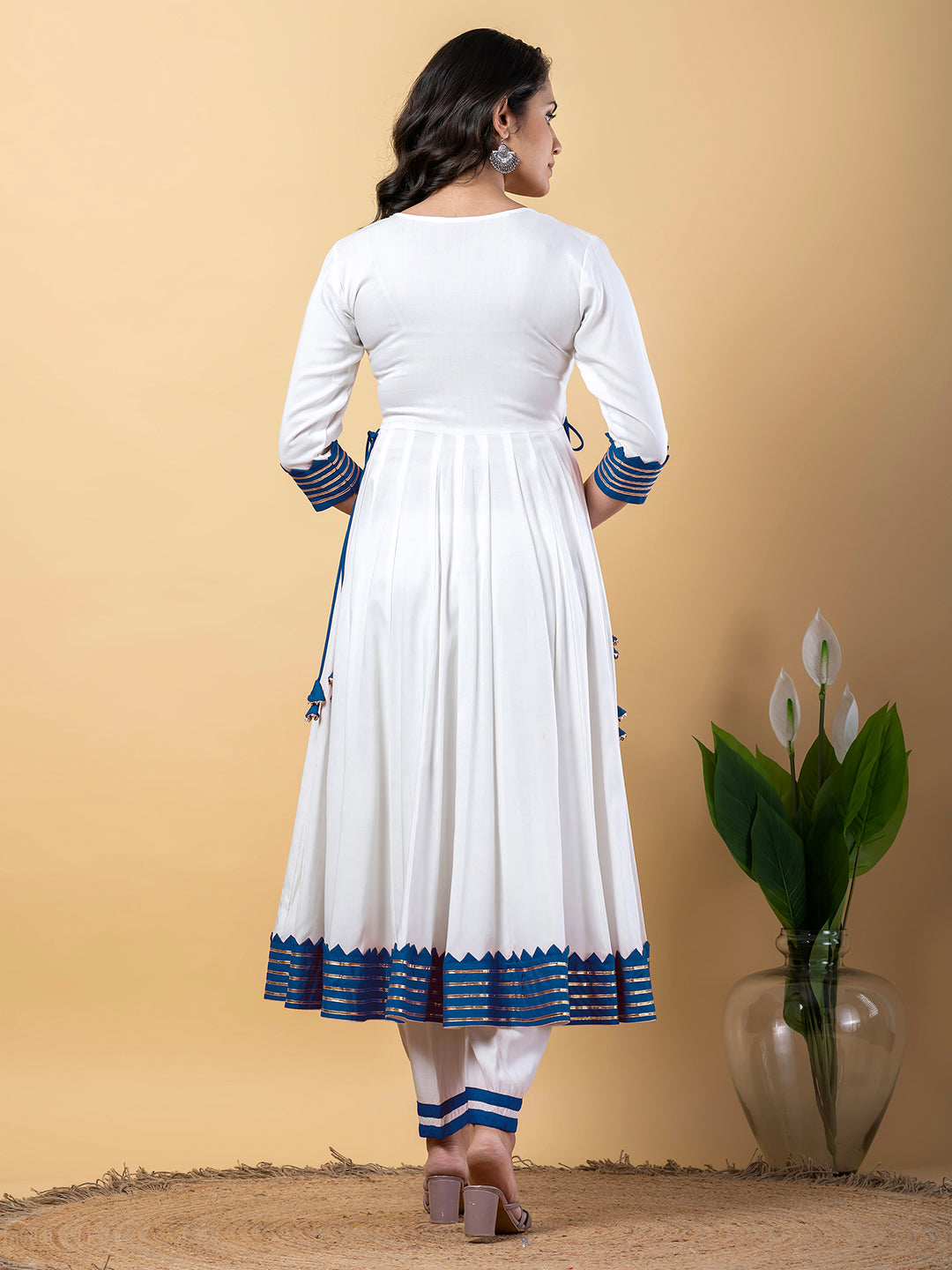 Blue White Anarkali Premium Rayon Kurta Pant Set with Cotton Dupatta–3 Piece Ready to Wear Salwar Kameez Suit Set-750118