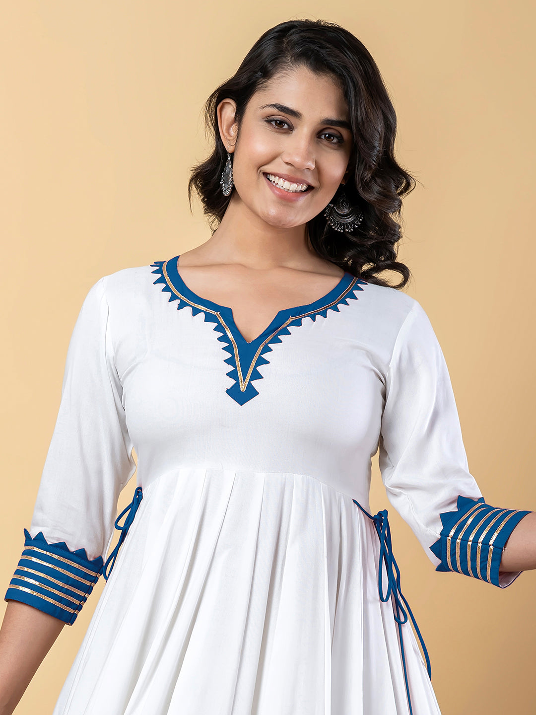 Blue White Anarkali Premium Rayon Kurta Pant Set with Cotton Dupatta–3 Piece Ready to Wear Salwar Kameez Suit Set-750118