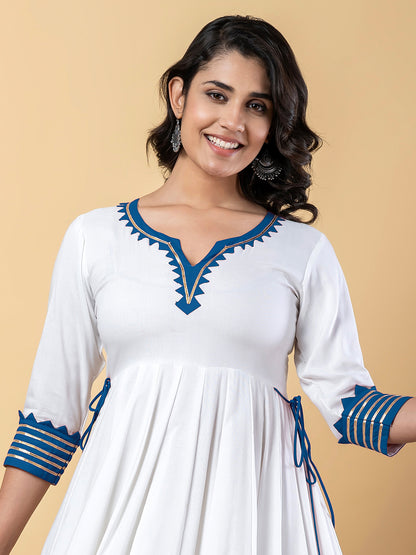 Blue White Anarkali Premium Rayon Kurta Pant Set with Cotton Dupatta–3 Piece Ready to Wear Salwar Kameez Suit Set-750118