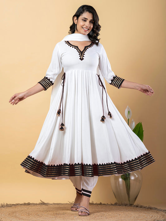 Black White Anarkali Premium Rayon Kurta Pant Set with Cotton Dupatta–3 Piece Ready to Wear Salwar Kameez Suit Set-750119