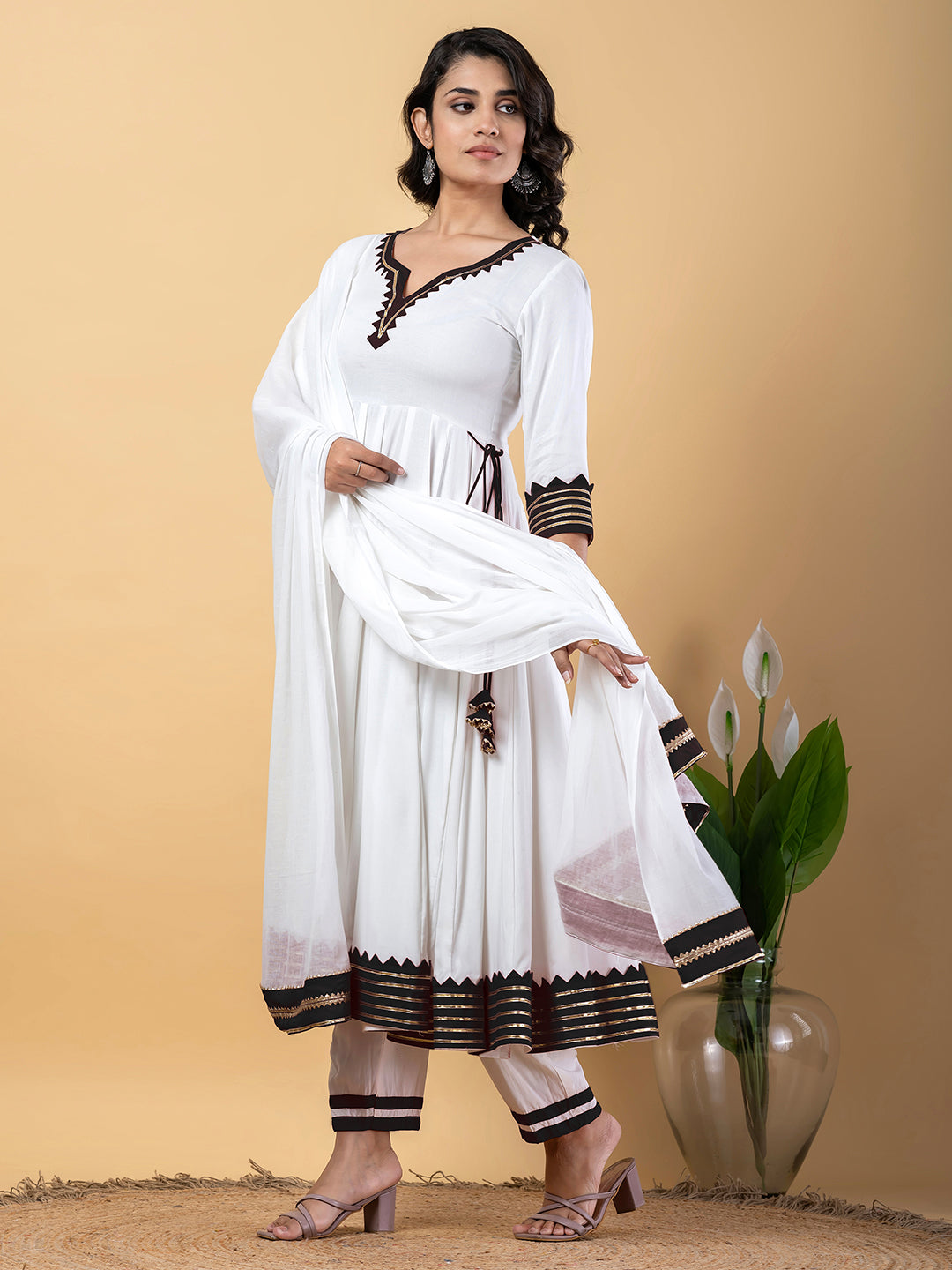 Black White Anarkali Premium Rayon Kurta Pant Set with Cotton Dupatta–3 Piece Ready to Wear Salwar Kameez Suit Set-750119