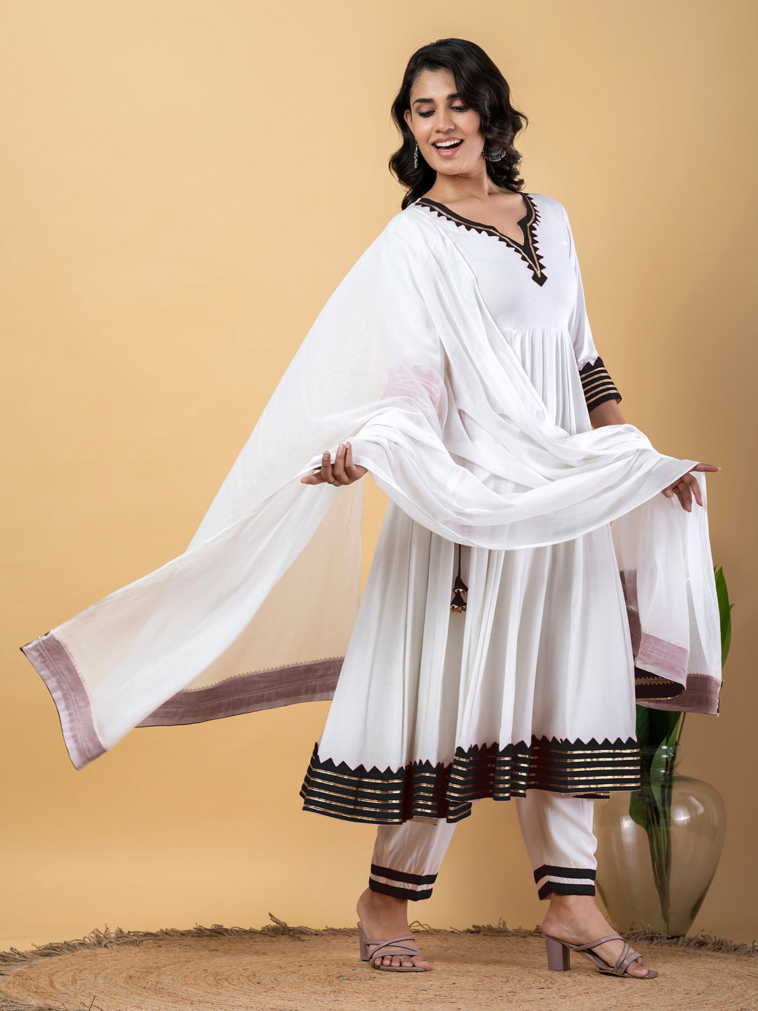 Black White Anarkali Premium Rayon Kurta Pant Set with Cotton Dupatta–3 Piece Ready to Wear Salwar Kameez Suit Set-750119