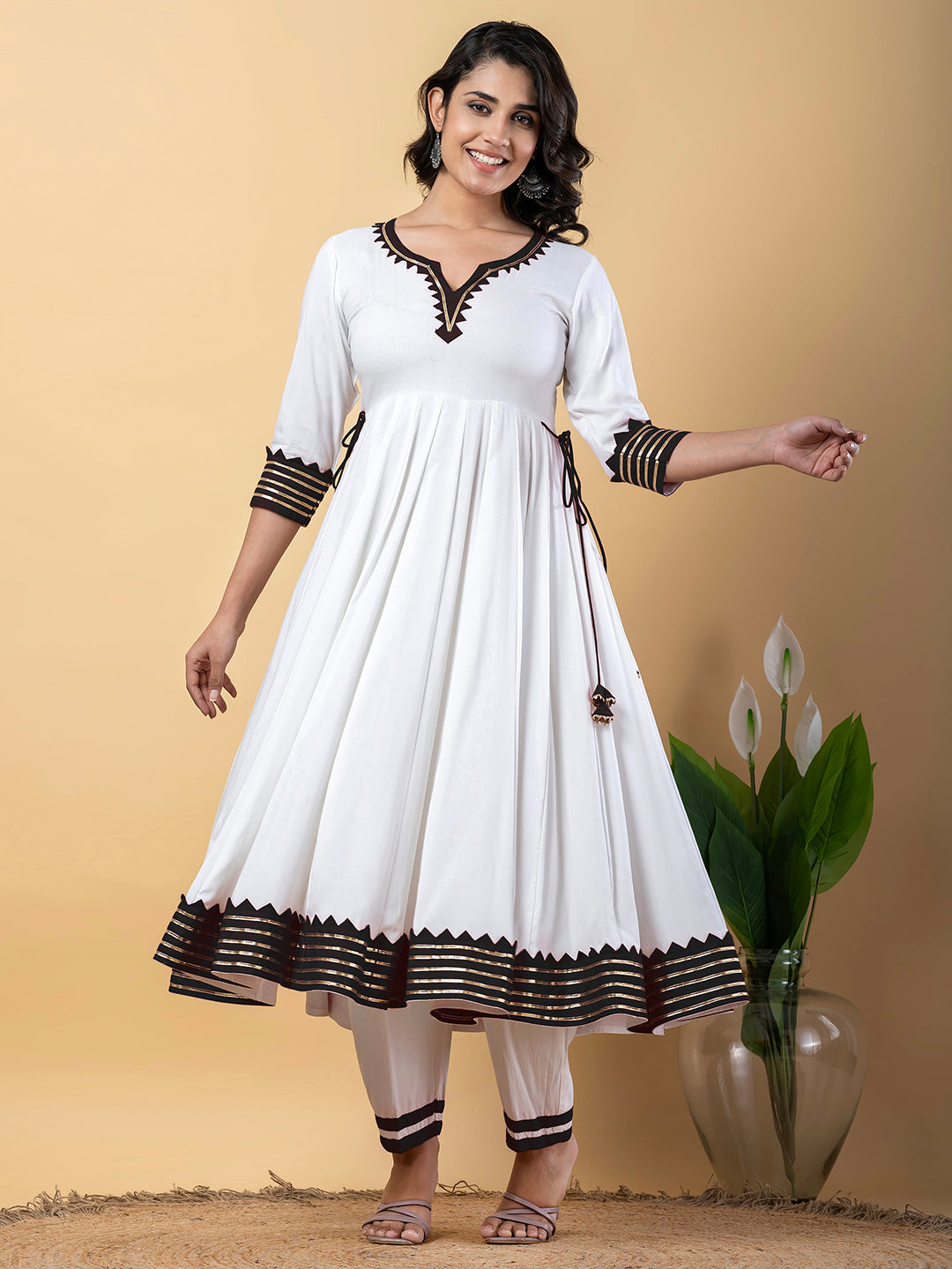 Black White Anarkali Premium Rayon Kurta Pant Set with Cotton Dupatta–3 Piece Ready to Wear Salwar Kameez Suit Set-750119